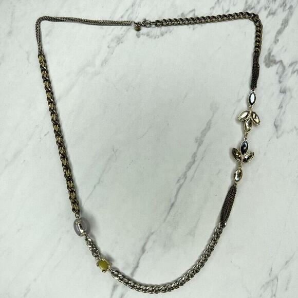 Ann Taylor Loft Rhinestone Silver and Gold Tone Long Chain Link Necklace - Picture 1 of 12